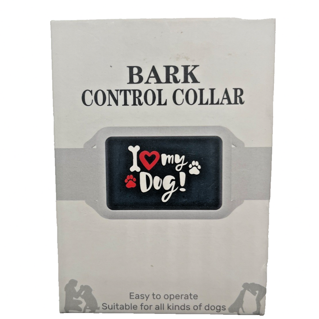 White B800 bark control collar with digital display, grey adjustable strap, metal prongs, silicone caps, and USB charging cable