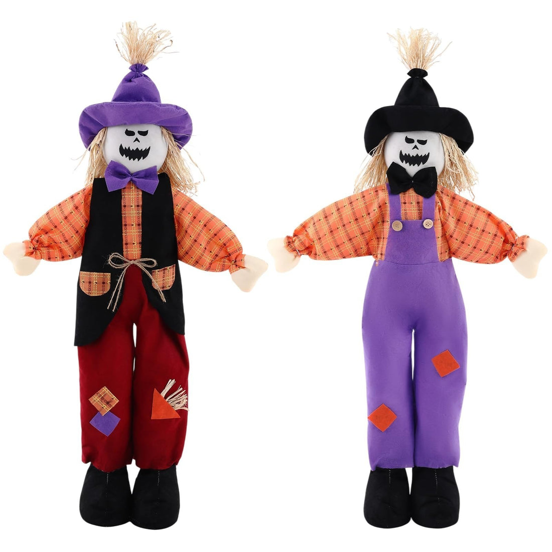 Two 31.5-inch sitting skull scarecrow Halloween figurines in colorful costumes for outdoor garden and porch decor