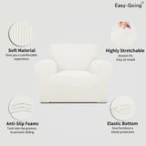 Cream check jacquard stretch slipcover fitted snugly over a single-seat armchair with elastic anti-slip base - view 2