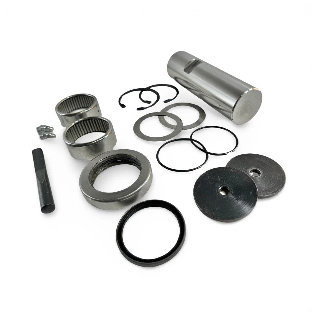 Complete king pin rebuild kit D103626 with kingpin, needle bearings, thrust washer, seals and grease fittings for Case backhoes
