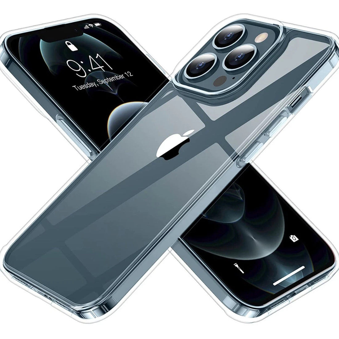 Crystal clear slim TPU shockproof case for iPhone 13 Pro Max 6.7 inch shown from front and back angles