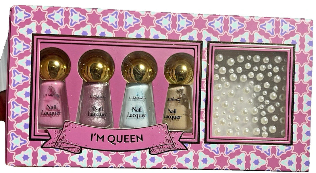 ULTA I'm Queen mini nail lacquer set with four bottles in pink, violet, blue, tan and white pearl nail gems in box
