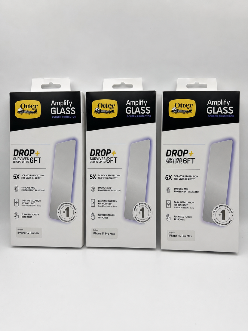 OtterBox Amplify Antimicrobial Glass screen protector 3-pack for iPhone 14 Pro in retail packaging