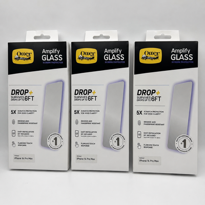 OtterBox Amplify Antimicrobial Glass screen protector 3-pack for iPhone 14 Pro in retail packaging