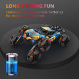 6-wheel double-sided RC stunt drift car with LED lights and mist spray effect, multi-color, shown with remote control - view 3