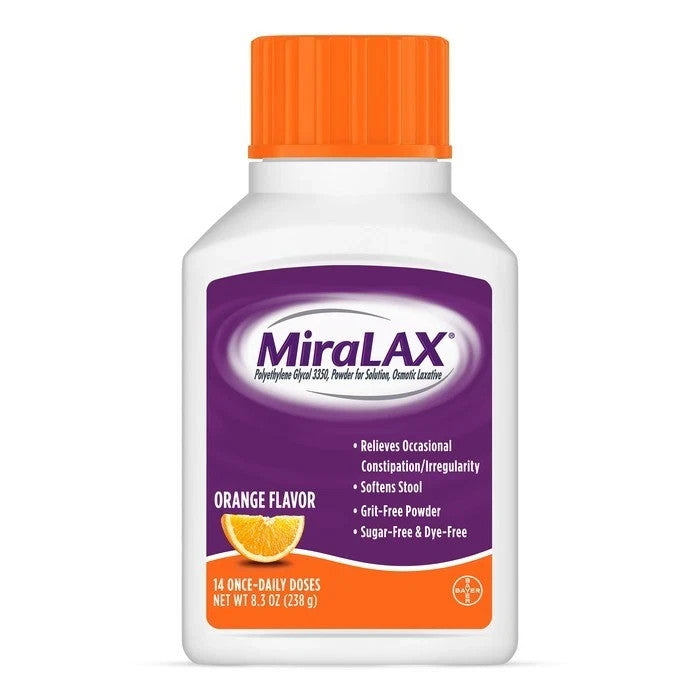 MiraLAX orange flavored laxative powder 8.3 oz container with 14 doses PEG 3350 constipation relief