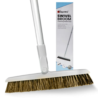 Gray 18-inch swivel head floor broom with 54-inch plastic handle and horsehair-style bristles for hardwood floor sweeping
