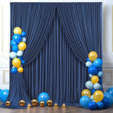 Four navy blue silky backdrop curtain panels 5x12 feet hung on a rod, showing smooth wrinkle-free drape for wedding or photo booth use - view 4