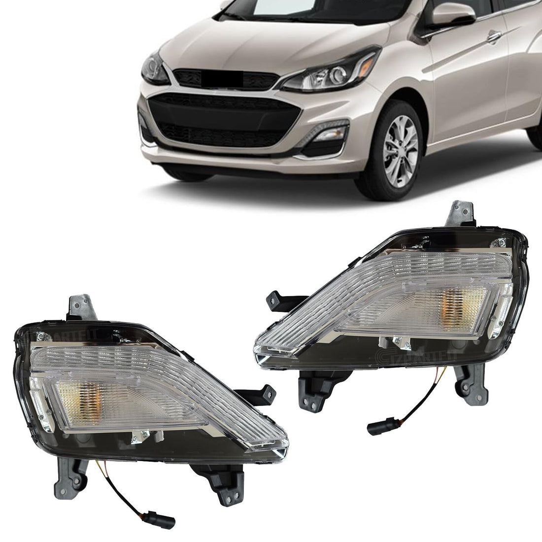 JZPARTFIT LED fog light DRL set for 2019-2022 Chevy Spark, black housing, driver and passenger sides shown