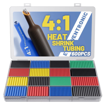 Eventronic 600-piece heat shrink tubing kit showing 7 sizes and 5 colors of adhesive-lined dual-wall marine grade tubing