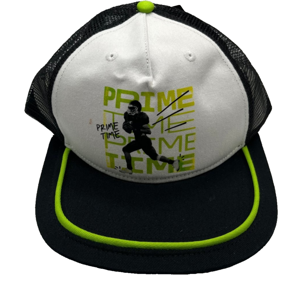 ESPN PrimeTime football trucker hat with neon green snapback, flat brim, mesh back, and woven ESPN logo patch