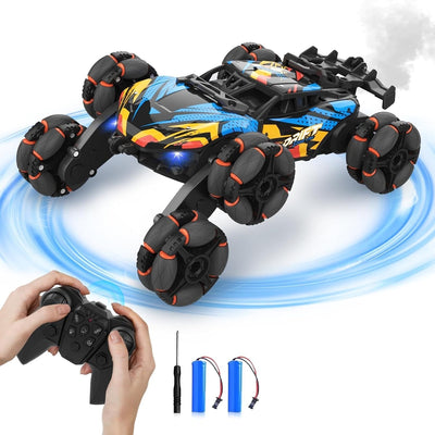6-wheel double-sided RC stunt drift car with LED lights and mist spray effect, multi-color, shown with remote control
