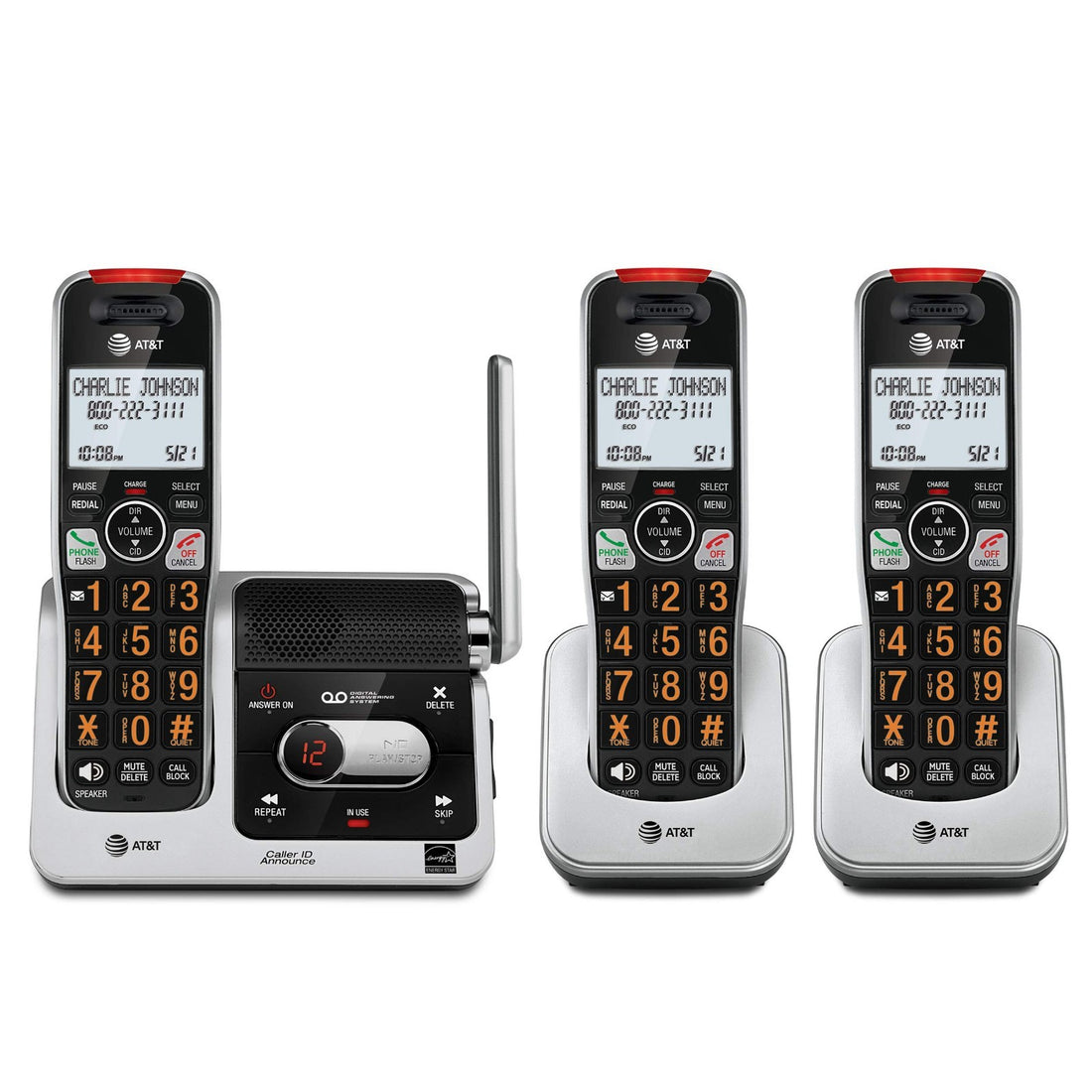 AT&T BL102-3 silver and black DECT 6.0 cordless phone base unit with three handsets and chargers
