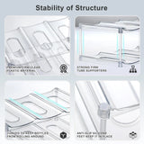 Clear plastic 3-tier stackable water bottle organizer holding 9 large tumblers on a kitchen countertop - view 7