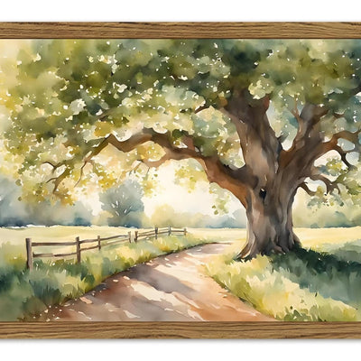 Framed 16x24 inch vintage oak tree and country road landscape canvas print in pine wood frame, ready to hang