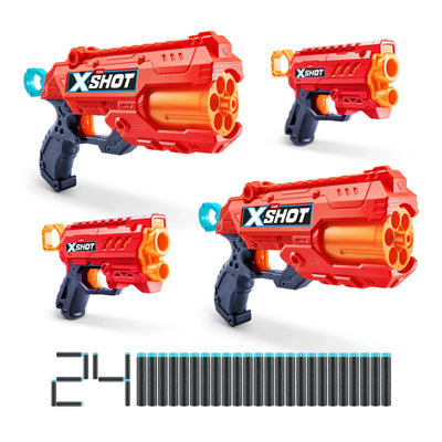 XSHOT Excel combo pack with 2 Reflex 6 and 2 Micro blasters and 24 foam darts laid out on white background