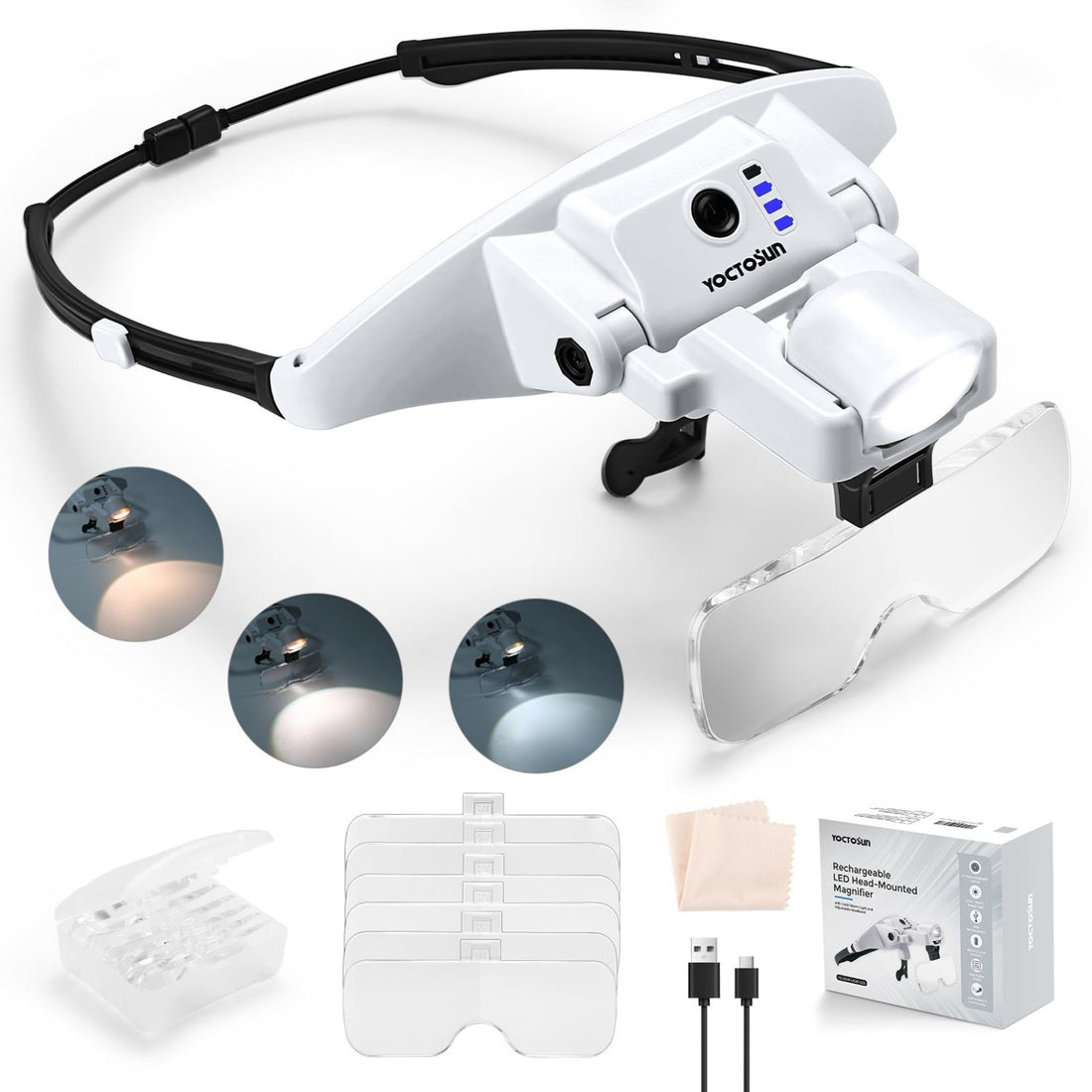 YOCTOSUN gray LED headband magnifying glass with 6 interchangeable lenses and USB-C charging port shown on white background