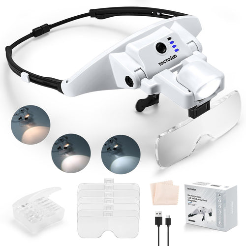 YOCTOSUN gray LED headband magnifying glass with 6 interchangeable lenses and USB-C charging port shown on white background