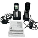 Panasonic KX-TGC352B cordless phone system with two black handsets and base unit featuring amber backlit LCD display - view 3