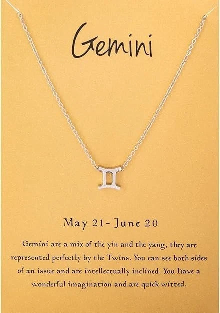 Cyberny Gemini zodiac charm pendant necklace with 18K white gold plated finish on an 18-inch rolo chain