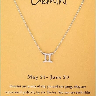 Cyberny Gemini zodiac charm pendant necklace with 18K white gold plated finish on an 18-inch rolo chain