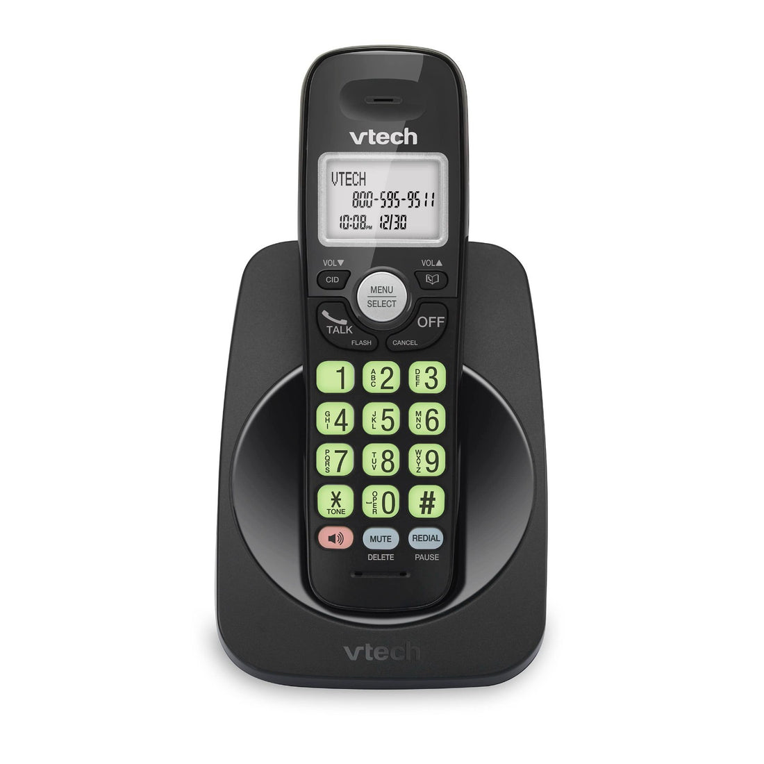 VTech VG131-11 black DECT 6.0 cordless phone with backlit display and keypad, wall-mountable handset with base
