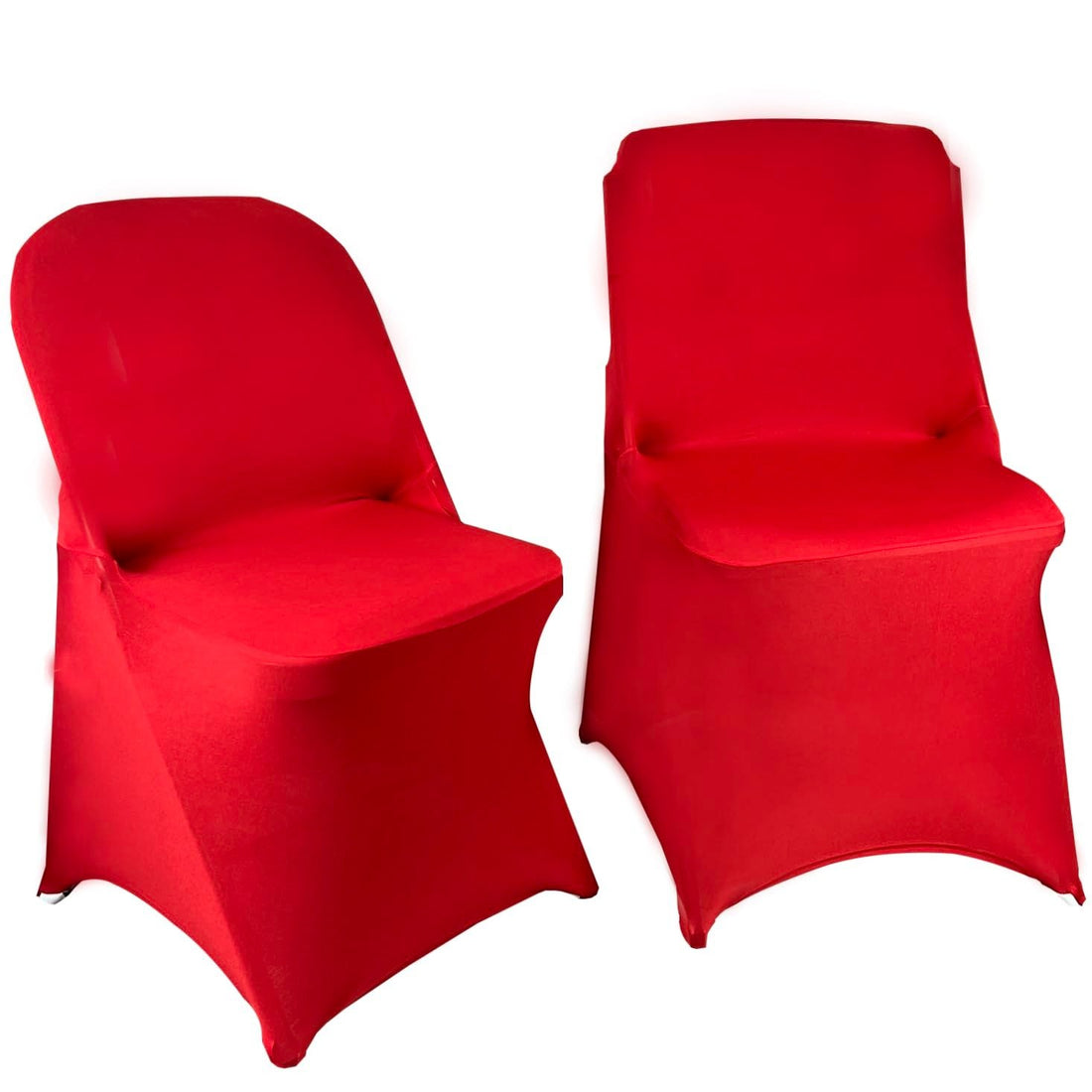 Set of 10 red stretch spandex fitted folding chair covers with elastic bands displayed on white folding chairs