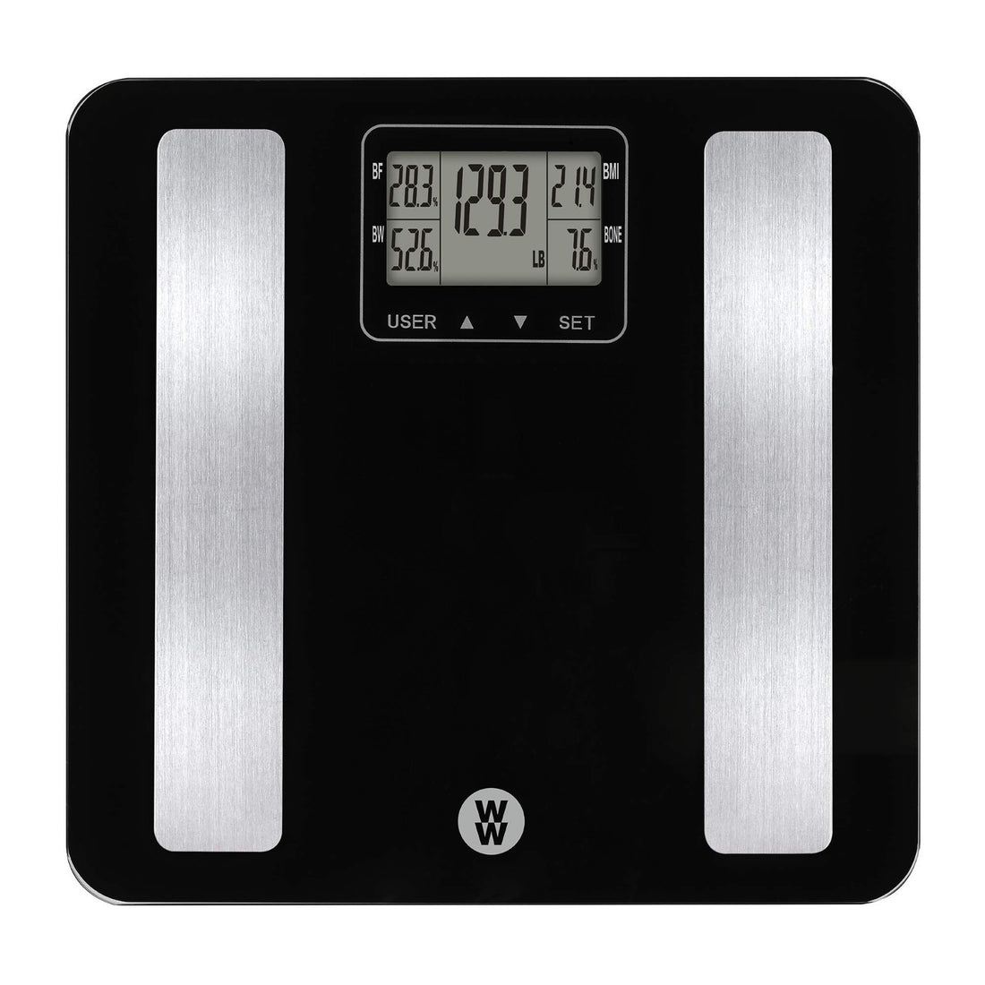 Weight Watchers WW702XF black tempered glass digital bathroom scale displaying body fat and BMI metrics