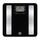 Weight Watchers WW702XF black tempered glass digital bathroom scale displaying body fat and BMI metrics