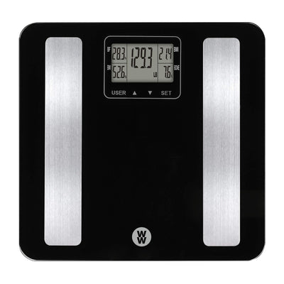 Weight Watchers WW702XF black tempered glass digital bathroom scale displaying body fat and BMI metrics