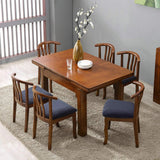 Four navy blue jacquard stretch dining chair seat covers with anti-slip straps laid flat and fitted on chairs - view 2