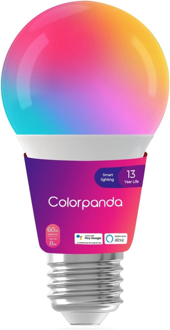Colorpanda A19 E26 smart LED light bulb glowing in multicolor, 8W color-changing bulb with Bluetooth Mesh for Alexa and Google