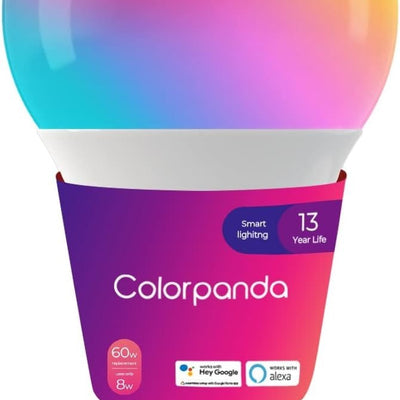 Colorpanda A19 E26 smart LED light bulb glowing in multicolor, 8W color-changing bulb with Bluetooth Mesh for Alexa and Google