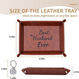 Brown PU leather valet tray embossed with Best Husband Ever text, matching keychain, and gift bag on display - view 5