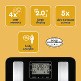 Weight Watchers WW702XF black tempered glass digital bathroom scale displaying body fat and BMI metrics - view 3