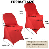 Set of 10 red stretch spandex fitted folding chair covers with elastic bands displayed on white folding chairs - view 2