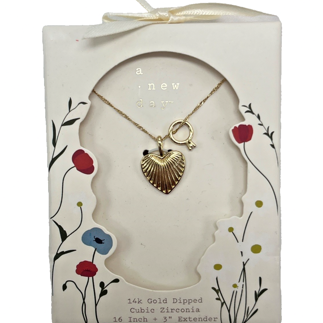A New Day 14K gold dipped ribbed heart pendant necklace with cubic zirconia charm on a 16-inch chain