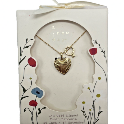 A New Day 14K gold dipped ribbed heart pendant necklace with cubic zirconia charm on a 16-inch chain