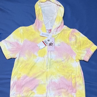 Juicy Couture yellow rose tie-dye terry cloth short sleeve hoodie with drawstring hood and kangaroo pocket, size 2XL, new with tags