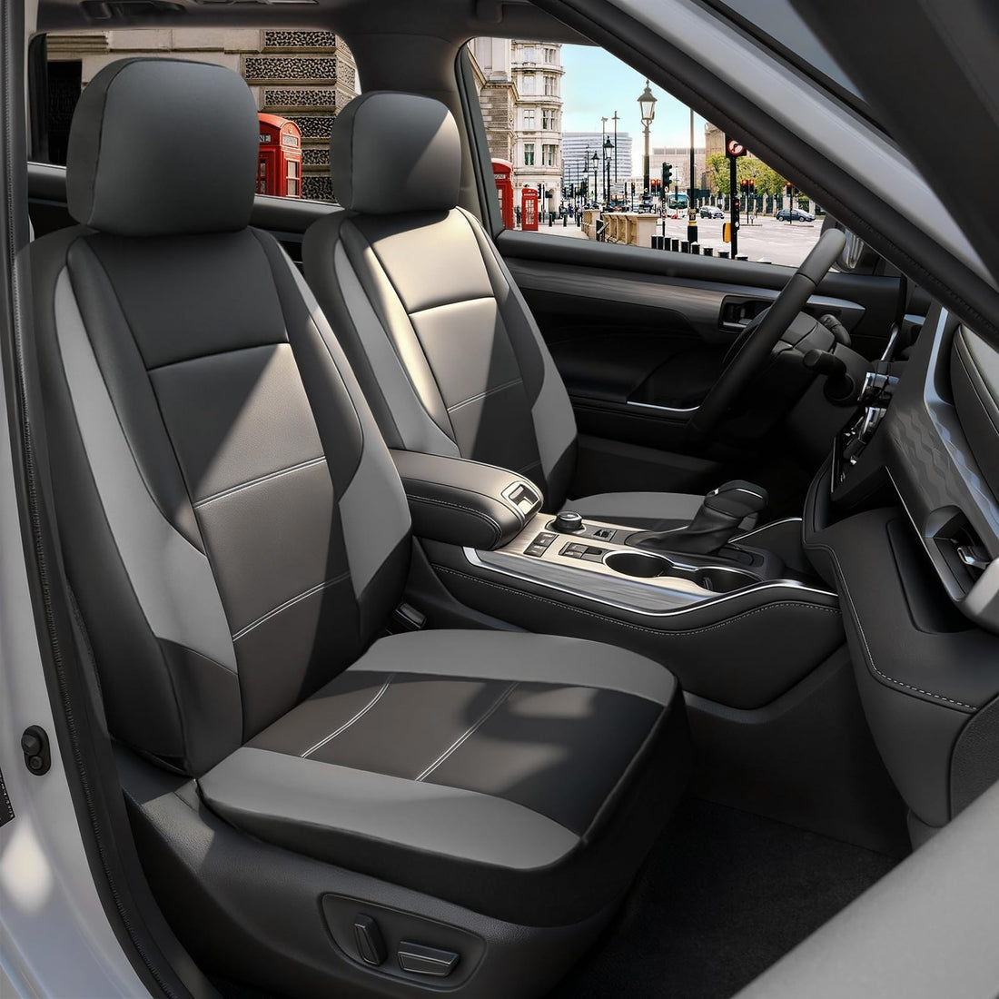 Black and gray faux leather front seat covers for Subaru Outback Forester Crosstrek Legacy, 2-piece universal fit set