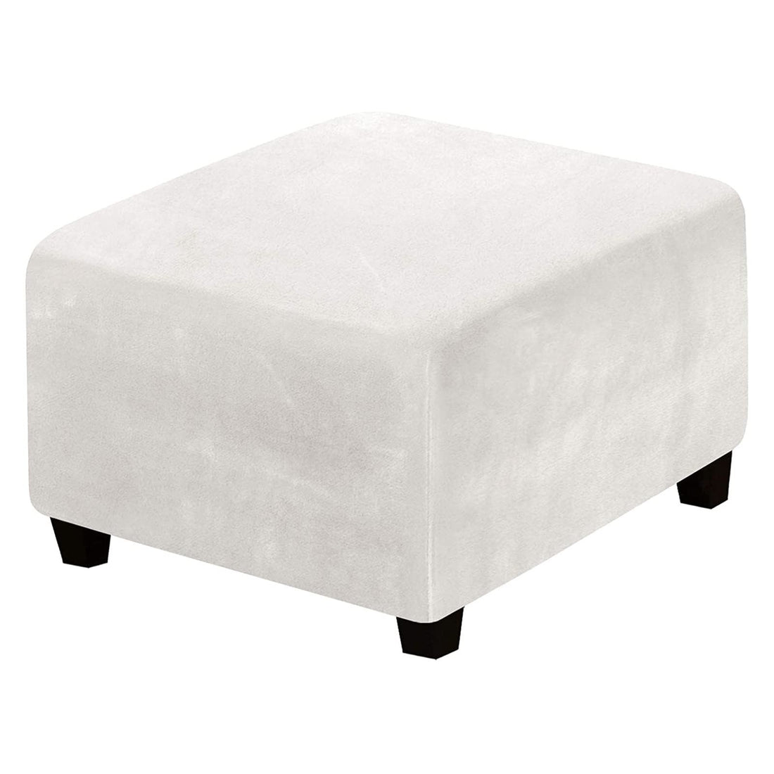 Off white velvet stretch slipcover fitted over a large square storage ottoman with elastic hem pulled snug around base