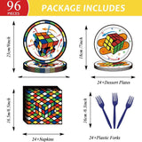 96-piece video game cube theme party tableware set with paper plates, napkins, and forks for 24 guests - view 3