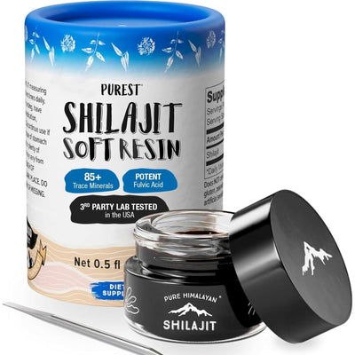 Glass jar of Pure Himalayan Shilajit soft resin 15g with measuring spoon, showing dark brown fulvic acid mineral supplement