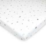 Three folded gray star and zigzag print fitted mini crib sheets 24x38 inch by American Baby Company in packaging - view 5