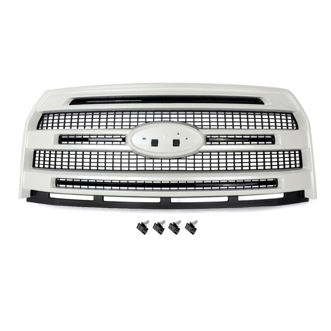 White Platinum painted ABS front bumper grille for 2015-2017 Ford F-150, part FL3Z-8200-MA, shown from front angle
