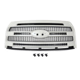 White Platinum painted ABS front bumper grille for 2015-2017 Ford F-150, part FL3Z-8200-MA, shown from front angle