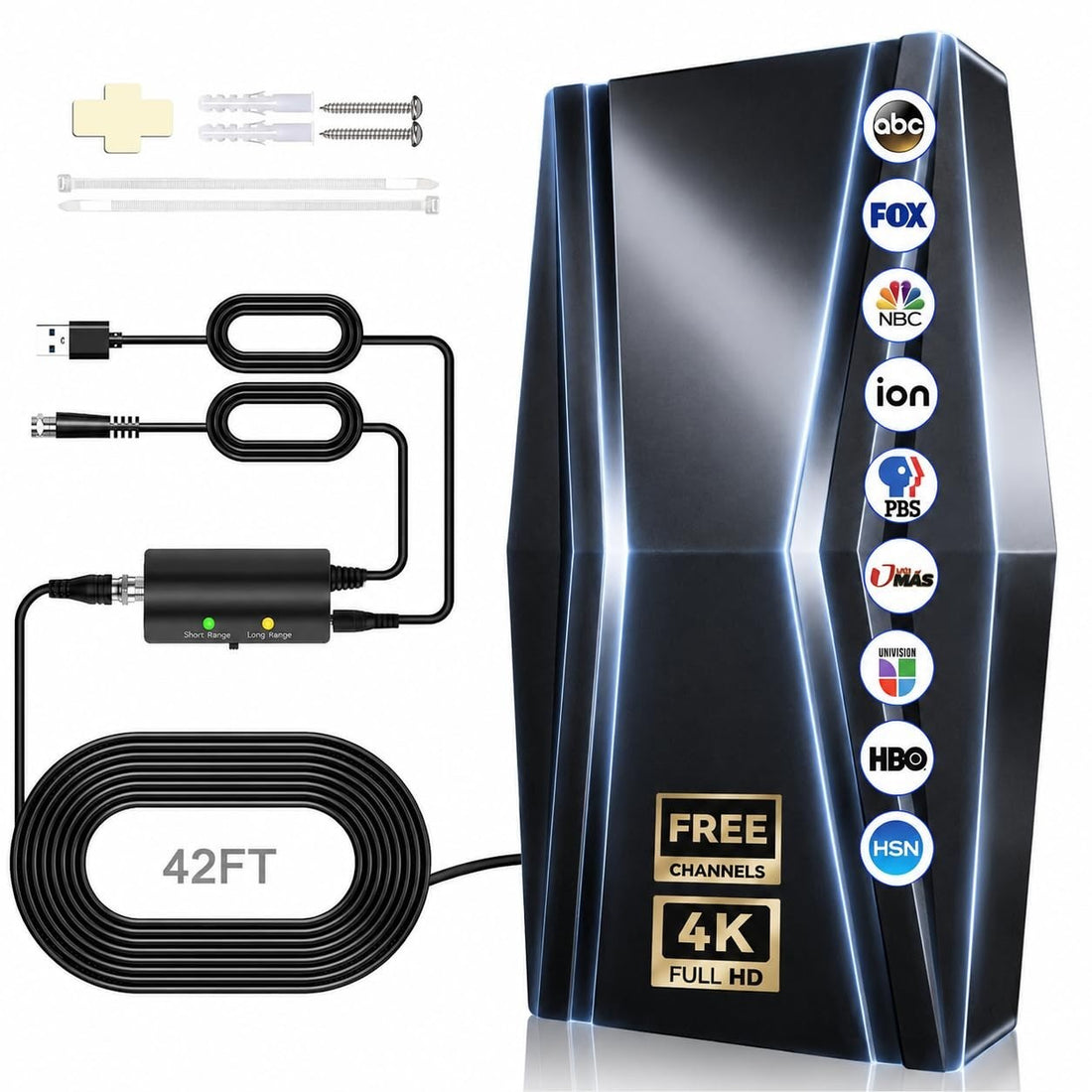 Black indoor HDTV antenna with 42ft coaxial cable and built-in signal amplifier for 4K and 1080p reception