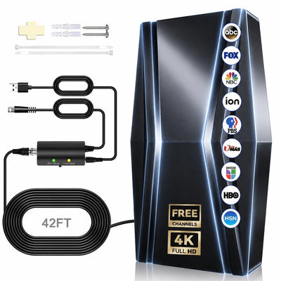 Black indoor HDTV antenna with 42ft coaxial cable and built-in signal amplifier for 4K and 1080p reception