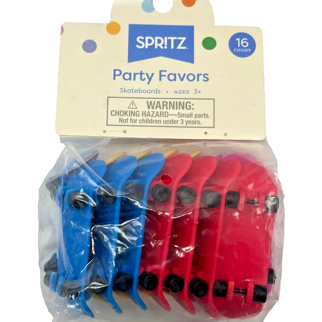 Spritz 16-count mini fingerboard skateboards in assorted vibrant colors with rolling wheels for kids party favors