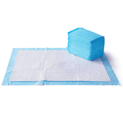 Box of 25 AmazonBasics X-Large 28x34 inch blue and white puppy training pee pads with leak-proof 5-layer design
